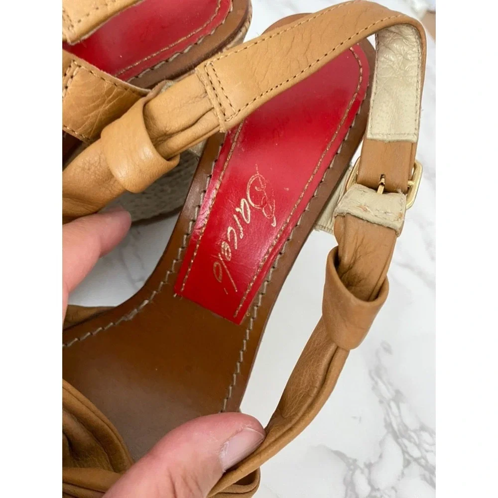 Paloma Barceló Sandals Espadrilles Sz 38/7.5 Tan Leather Wedge Platform Dressy